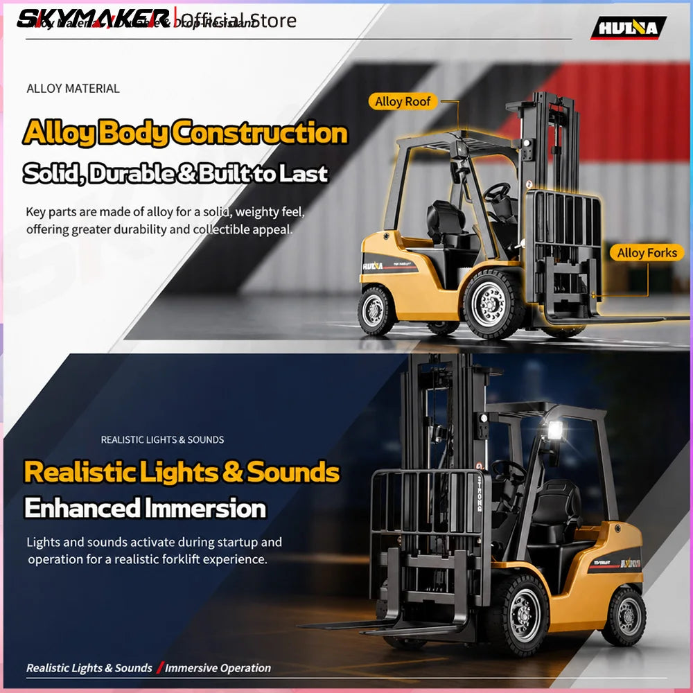 Yellow alloy forklift truck model with realistic lights and sounds for immersive operation