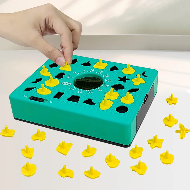 A hand is placing a yellow puzzle piece onto a green board of a shape matching puzzle game.