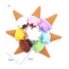 A collection of colorful, fluffy sunflower charms in various shades of pink, yellow, and blue.