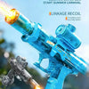 A blue Z-Lock electric water gun firing a stream of water and light into a pool.