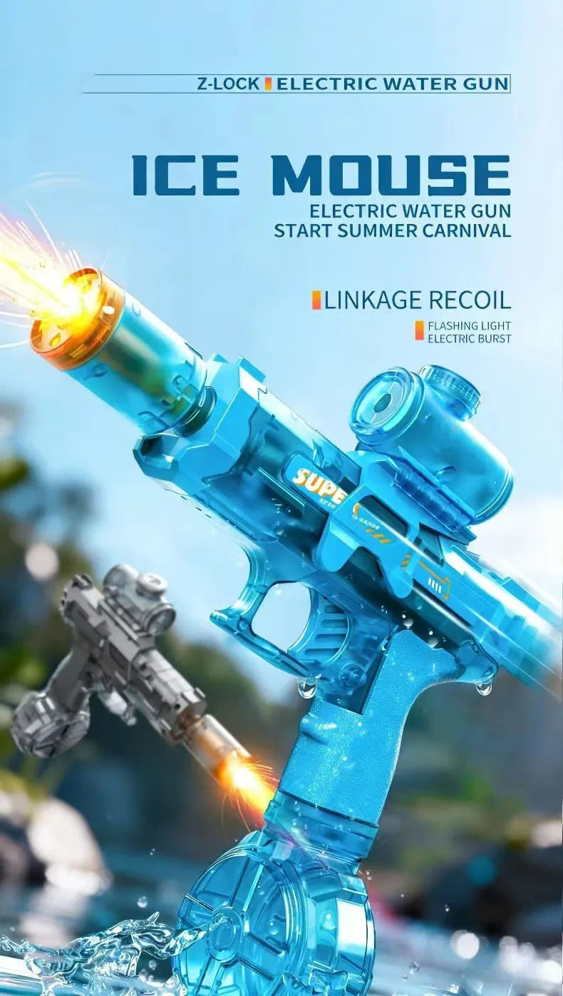 A blue Z-Lock electric water gun firing a stream of water and light into a pool.