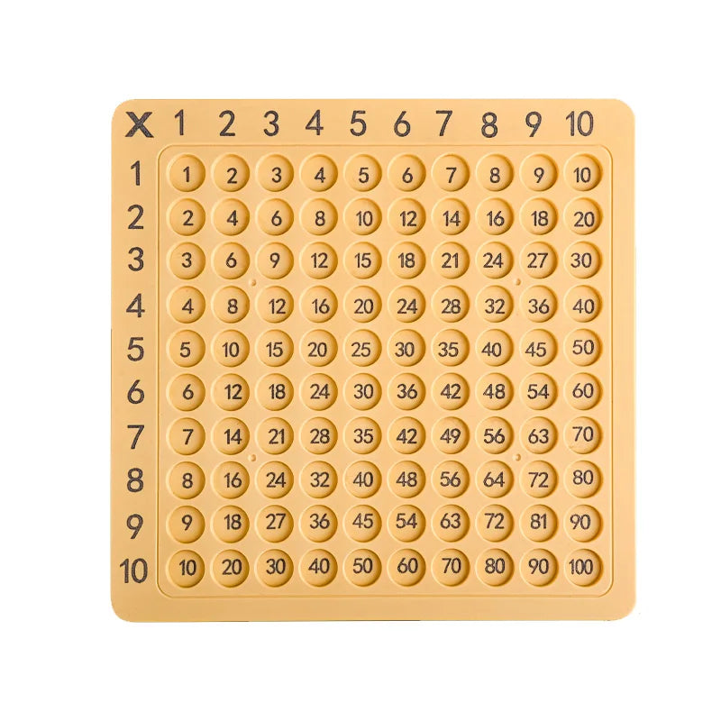 A yellow multiplication math board game with numbered tiles from 1 to 100.