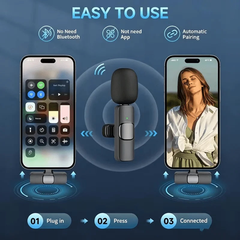 A guide showing the three steps to connect a wireless lavalier microphone to a smartphone: Plug in, Press, and Connected.
