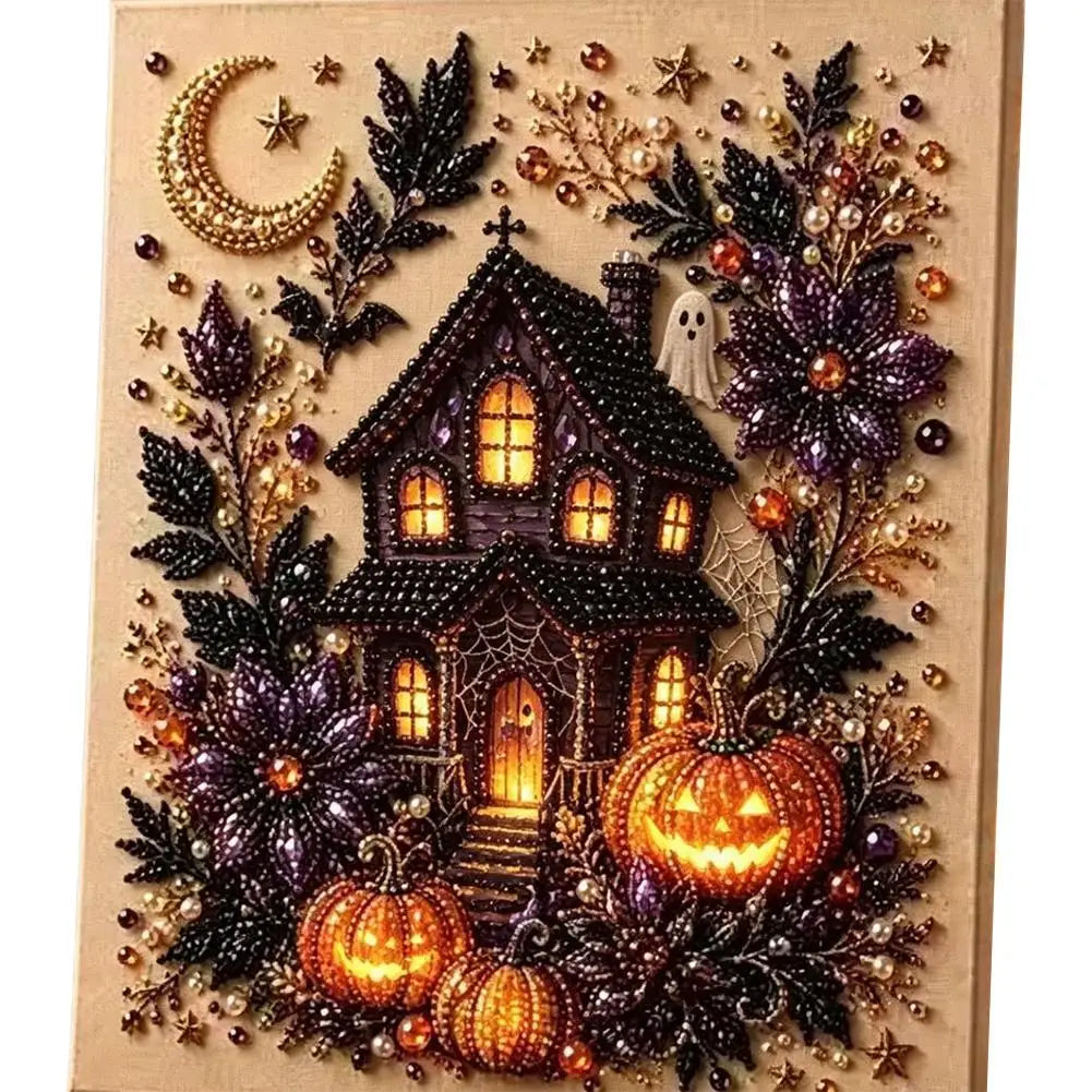 A detailed mosaic art piece featuring a spooky house, pumpkins, and autumn foliage with gold and pearl accents.