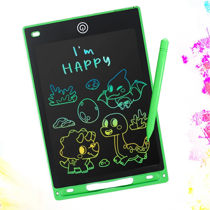 A green writing tablet displaying the text I'm HAPPY in neon green handwriting.