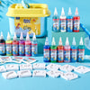 A collection of colorful Water Spirit bottles and white molds for a DIY craft kit featuring ocean themes.