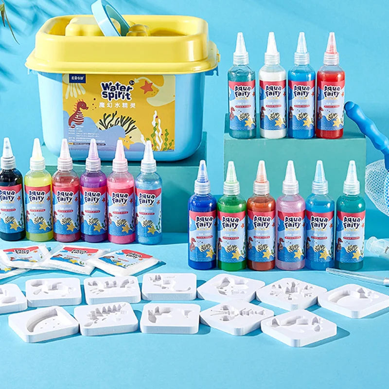 A collection of colorful Water Spirit bottles and white molds for a DIY craft kit featuring ocean themes.