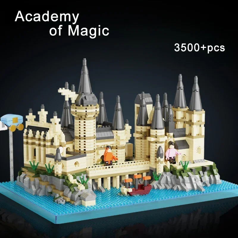 A large medieval castle set built from LEGO bricks featuring towers, walls, and minifigures on a blue base.