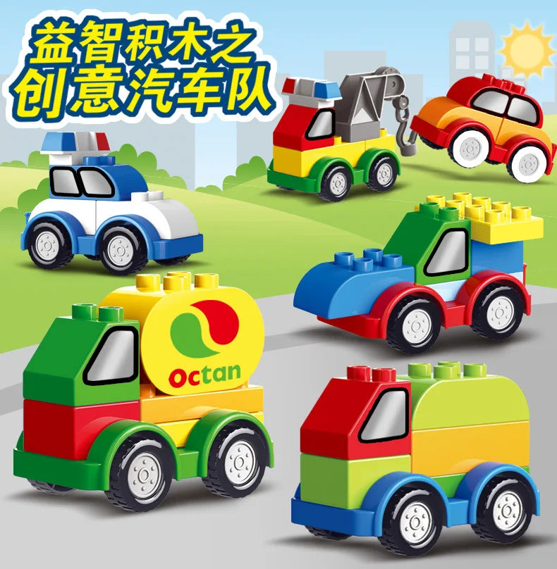 A set of colorful construction vehicle building blocks featuring various trucks and dumpers.