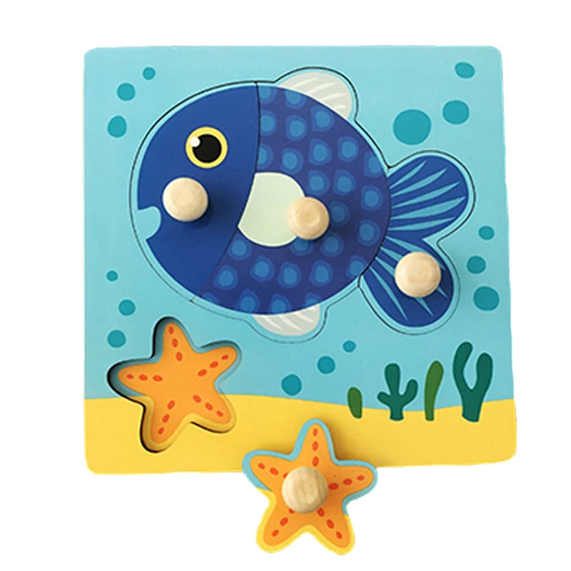 A wooden puzzle featuring a blue fish, orange star, and green cacti for toddlers.