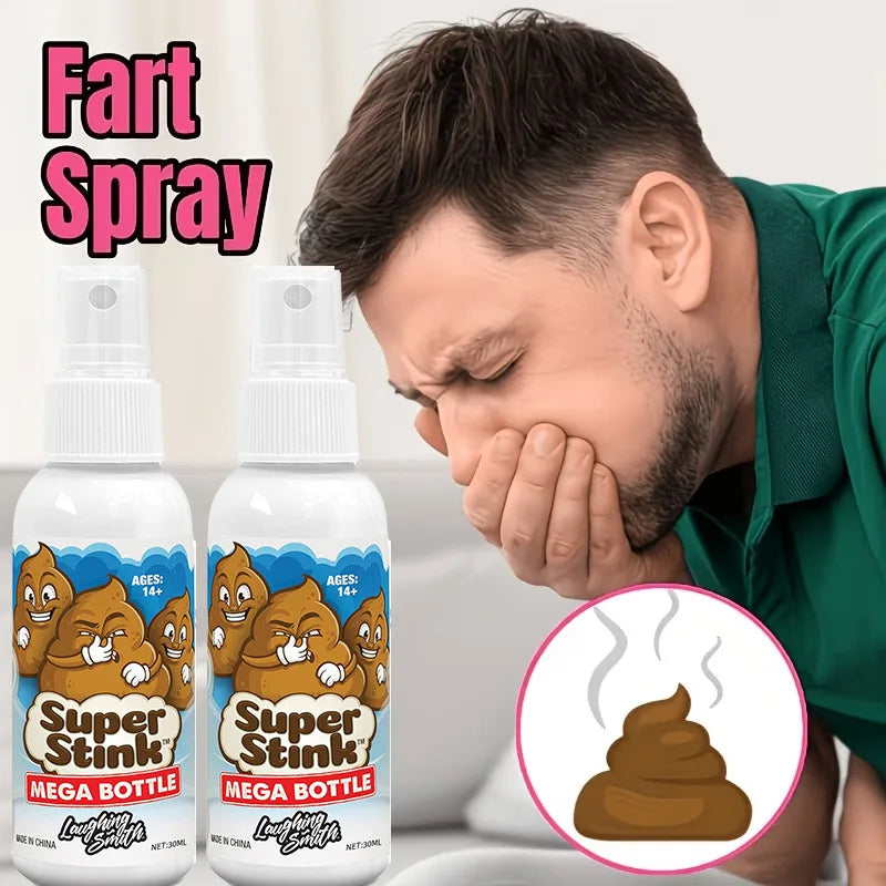A man is shown covering his nose with his hand while a bottle of Super Stink Mega Bottle fart spray is visible.