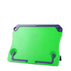 A bright green adjustable portable book stand with purple grips.