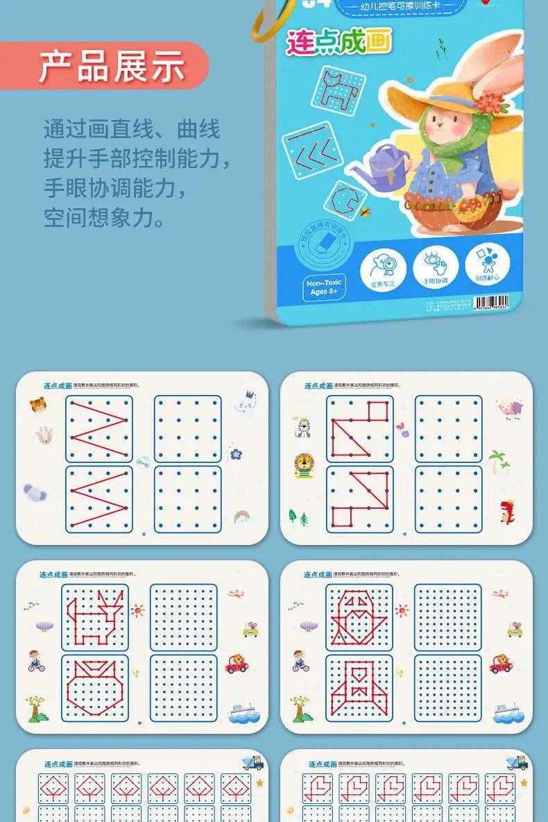 A set of reusable tracing workbooks for kids featuring various geometric shapes and lines for pen control practice.