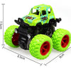 A bright lime green friction-powered monster truck toy with black chassis and large tires.