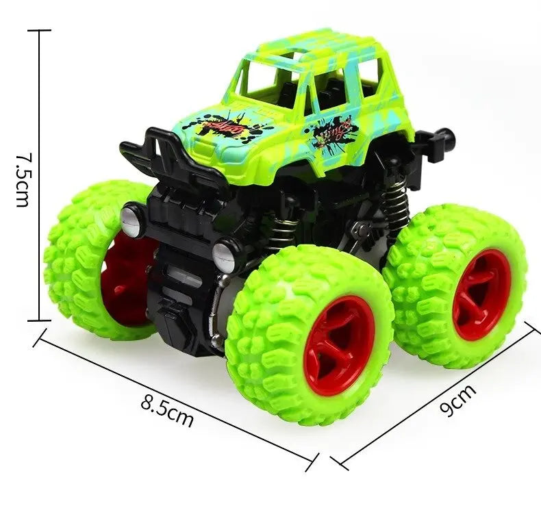 A bright lime green friction-powered monster truck toy with black chassis and large tires.