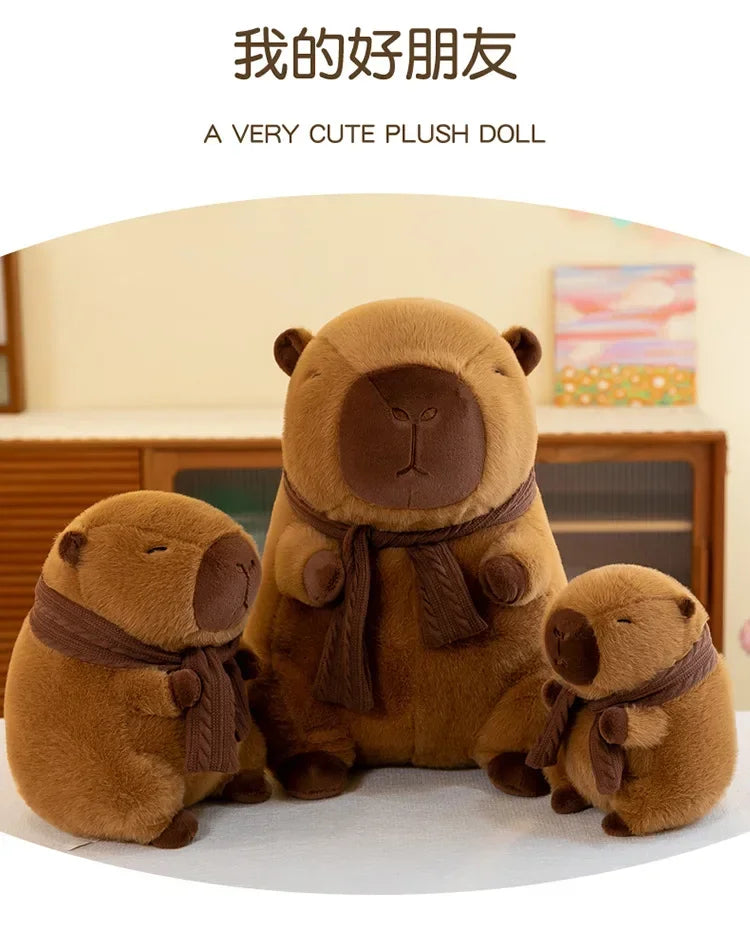 Three brown plush dolls resembling bears wearing knit scarves sitting on a white surface.