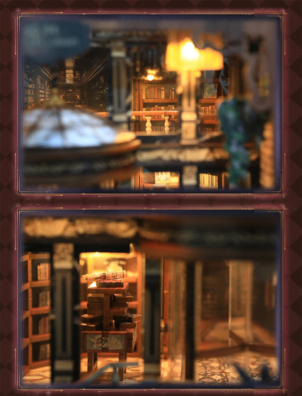 A close-up view of a miniature library model featuring wooden bookshelves and an illuminated nook.