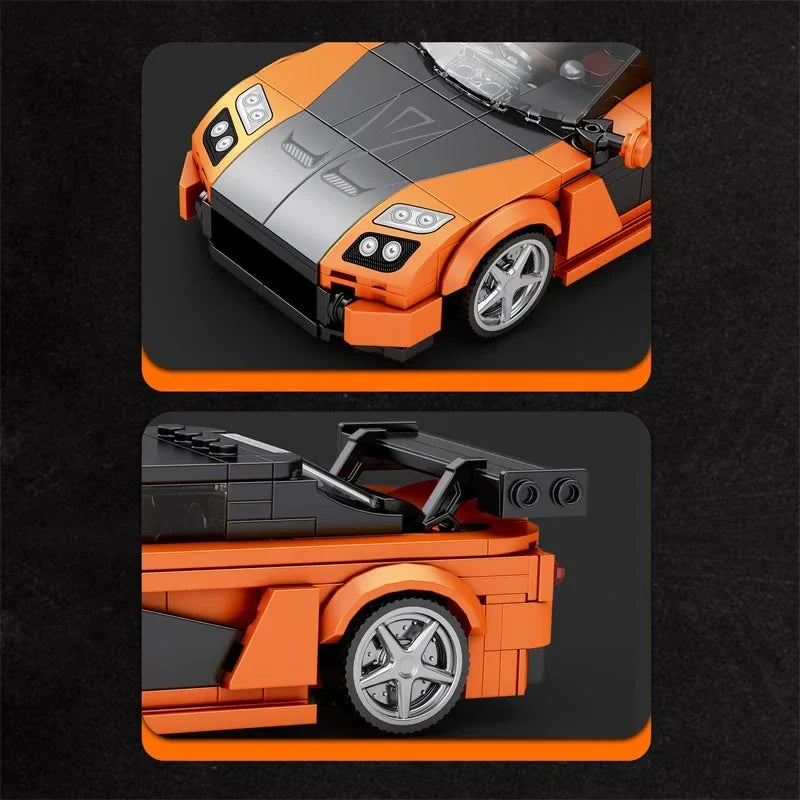 A building block set of an orange and gray sports car model, shown in two views.