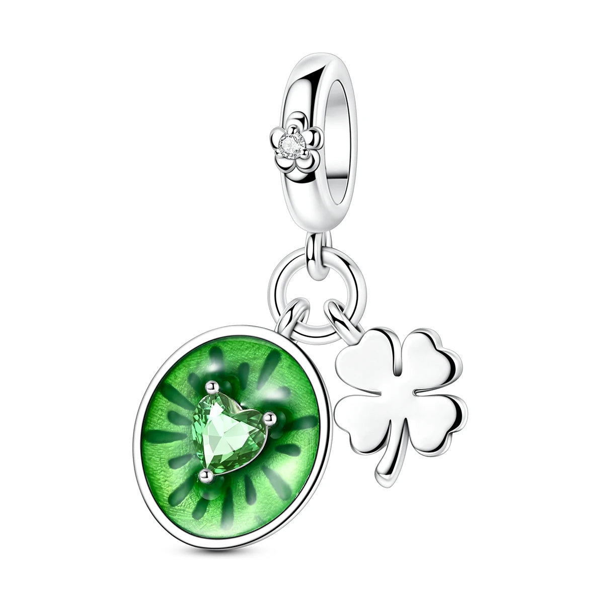 A silver fruit charm bead set featuring a green leaf and a silver flower design.