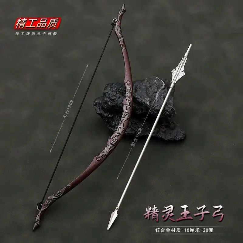 A dark brown replica sword and bow set, featuring an Orcrist Sword collectible, displayed against a dark background.