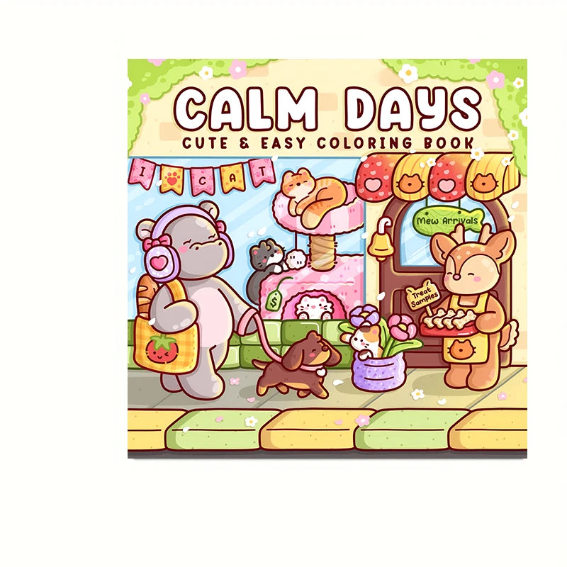 A colorful illustration of cute animals and food items suitable for a calm days coloring book.