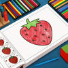 A page from a coloring book featuring a large strawberry illustration and smaller strawberry designs.