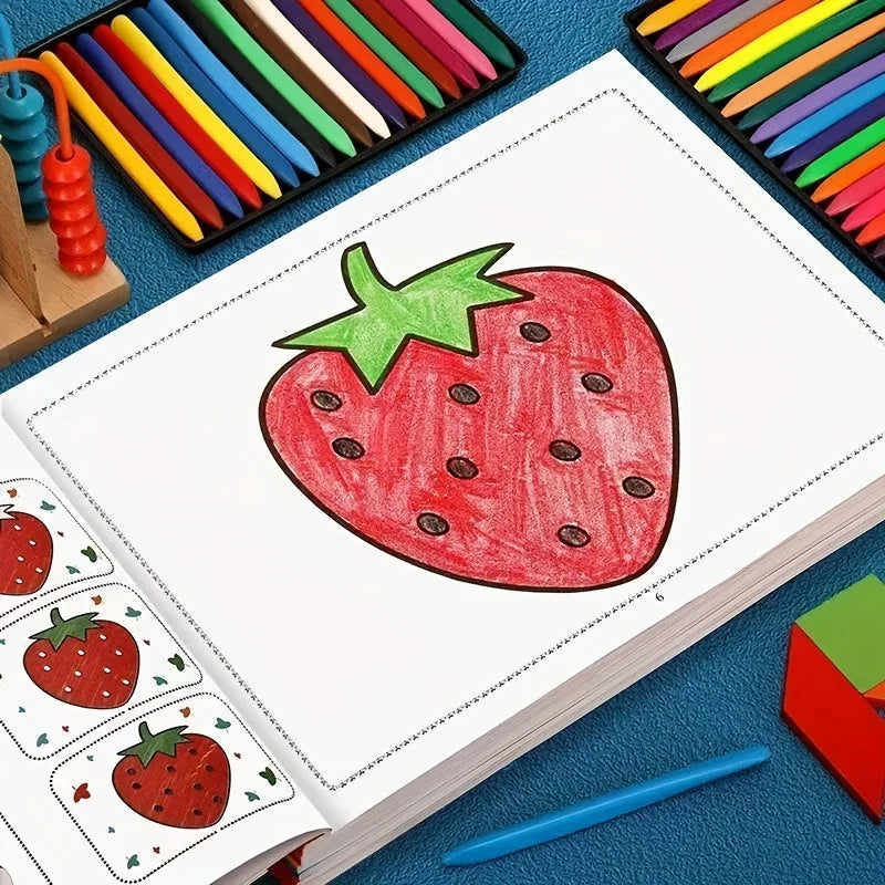 A page from a coloring book featuring a large strawberry illustration and smaller strawberry designs.