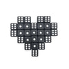 A set of ten black six-sided dice arranged in a plus shape.