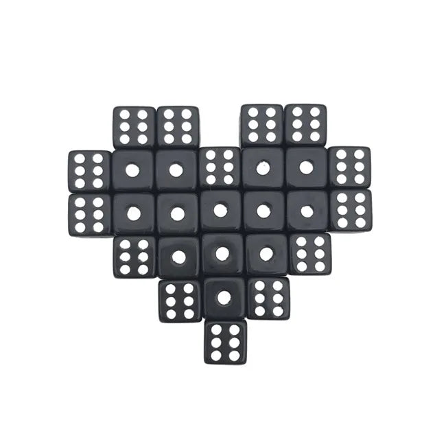 A set of ten black six-sided dice arranged in a plus shape.