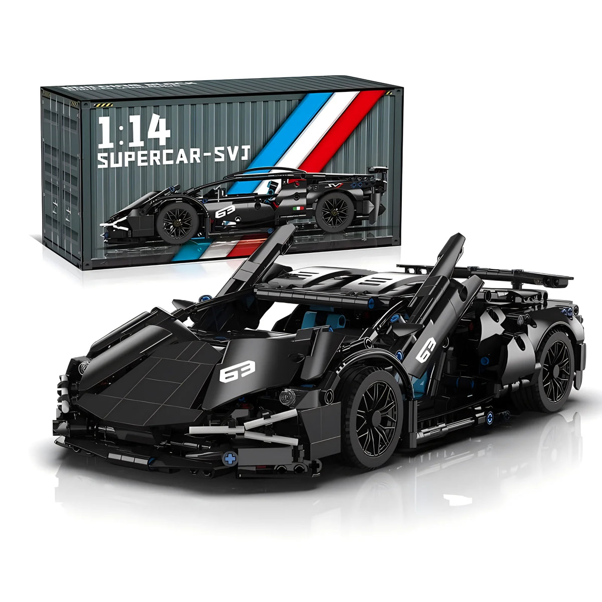 A detailed black 1:14 scale RC supercar building kit with a box and assembled model displayed on a white surface.