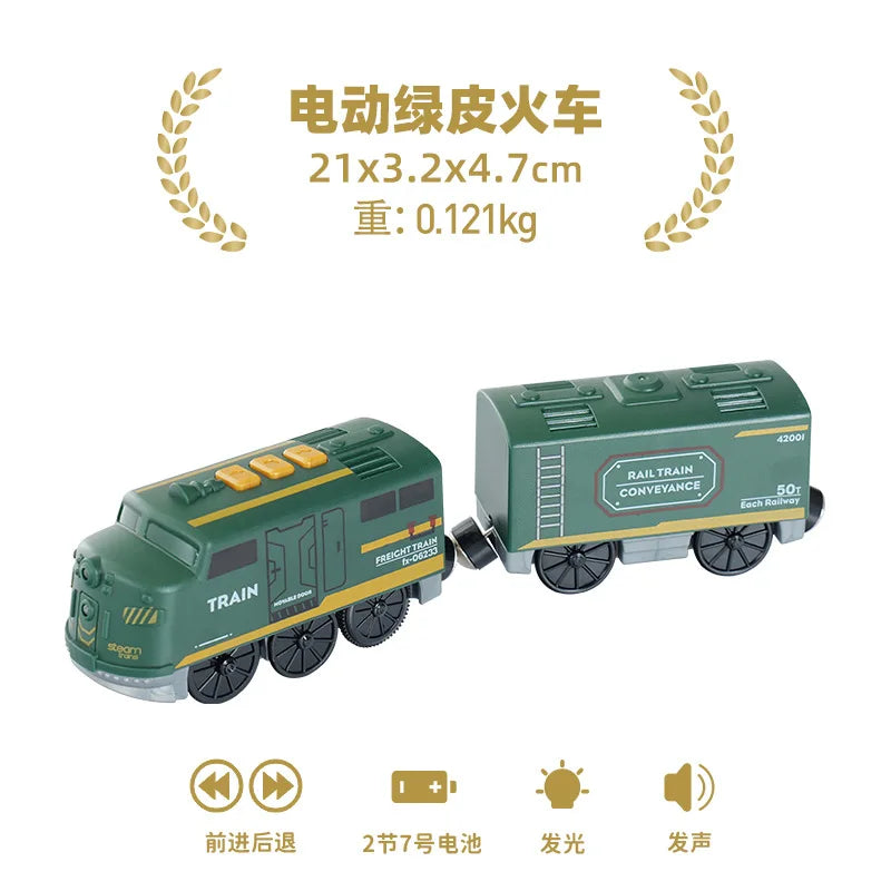 A green battery-powered train set with wooden tracks and wheels is shown next to its specifications.