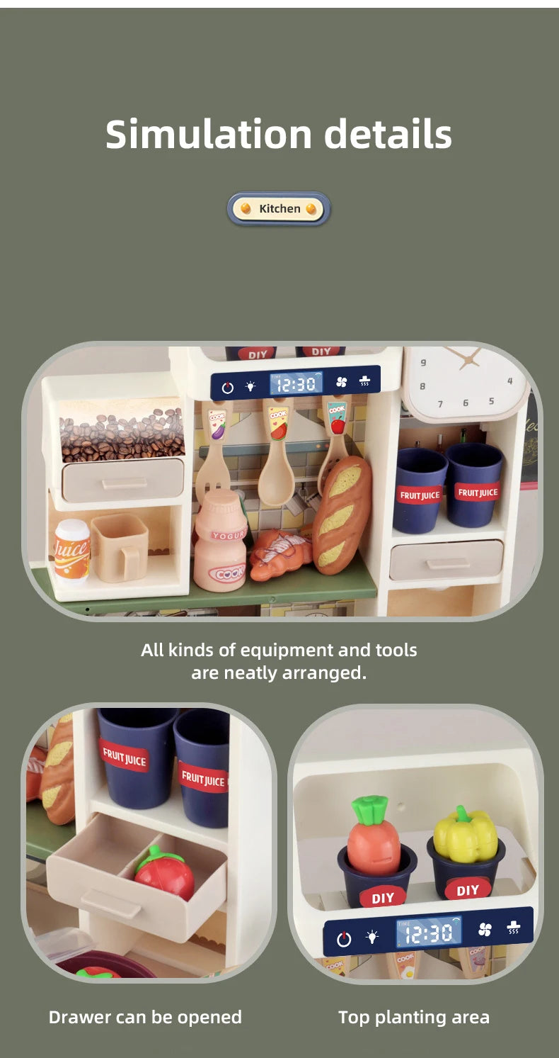 A simulation of a kids pretend kitchen play set showing various tools and equipment neatly arranged.