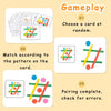 A three-step guide for a card matching game showing choosing a random card, matching to a pattern, and pairing complete.