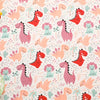 A fabric print featuring a grid pattern of pink and red dinosaurs on a white background.