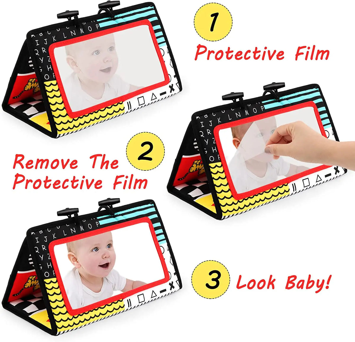 High-Contrast Tummy Time Baby Mirror with Crinkle Cloth Book and Teether