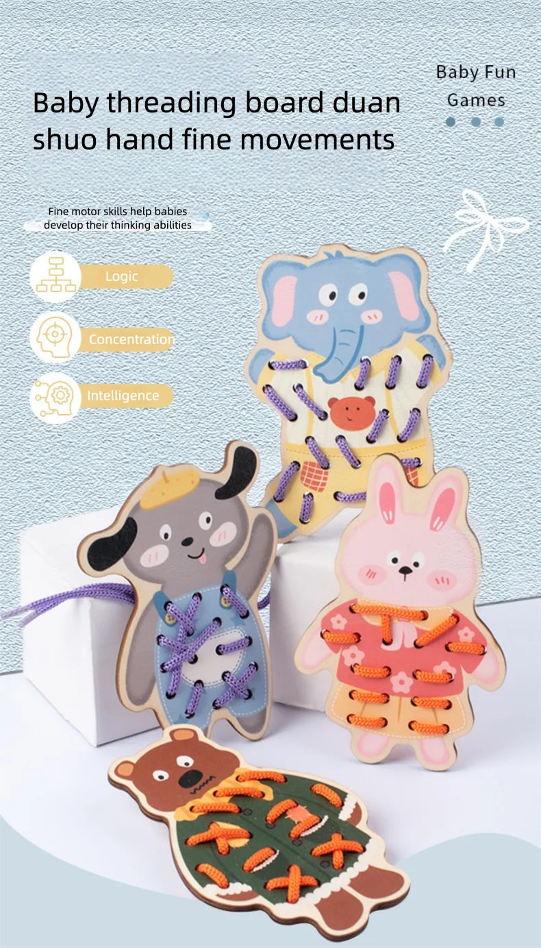 A set of wooden threading beads and lacing toys featuring animals like an elephant, rabbit, and bear for baby fine motor skil