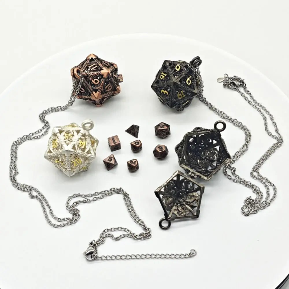 A set of metal polyhedral dice with pendant storage cases displayed on a white background.