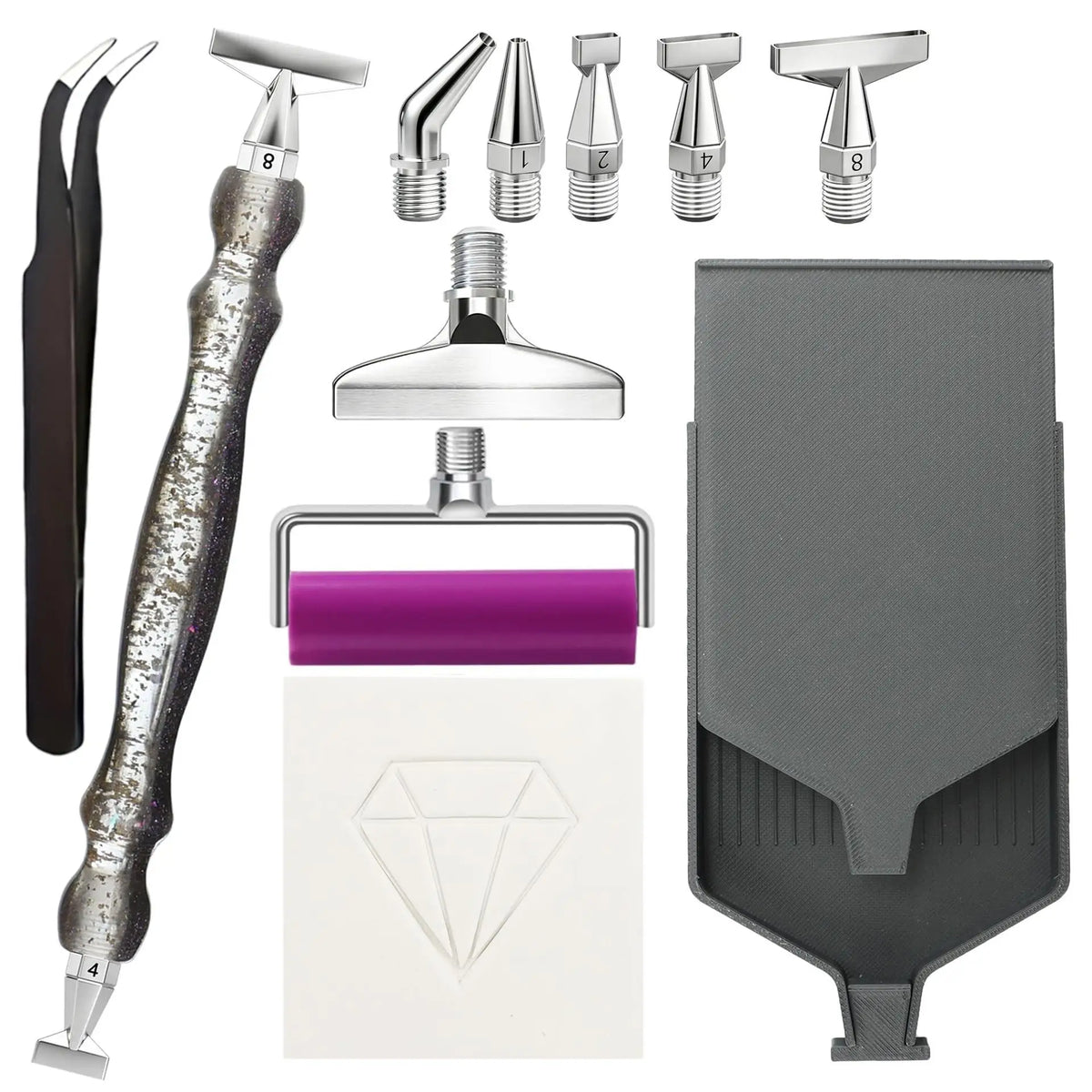 A complete diamond painting tool kit showing precision pens, tools, and a gray painting mat.