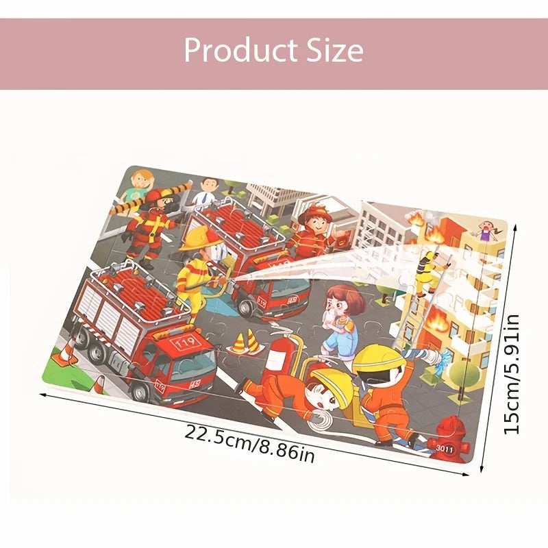 A 30-piece wooden jigsaw puzzle depicting various animals and vehicles, including construction trucks and people.