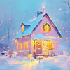 A cozy pink house decorated with warm lights and a wreath in a snowy winter landscape.