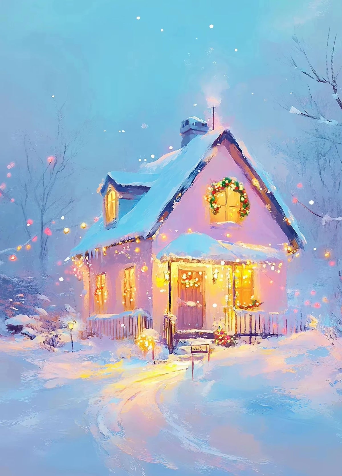 A cozy pink house decorated with warm lights and a wreath in a snowy winter landscape.