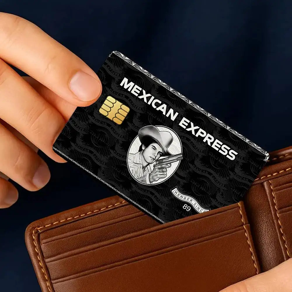 A hand holds a black card with gold accents and text reading Mexican Express on a brown leather wallet.