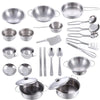 A collection of 25 stainless steel cookware items including pots, pans, spoons, and ladles for a play kitchen set.