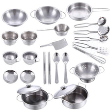 A collection of 25 stainless steel cookware items including pots, pans, spoons, and ladles for a play kitchen set.