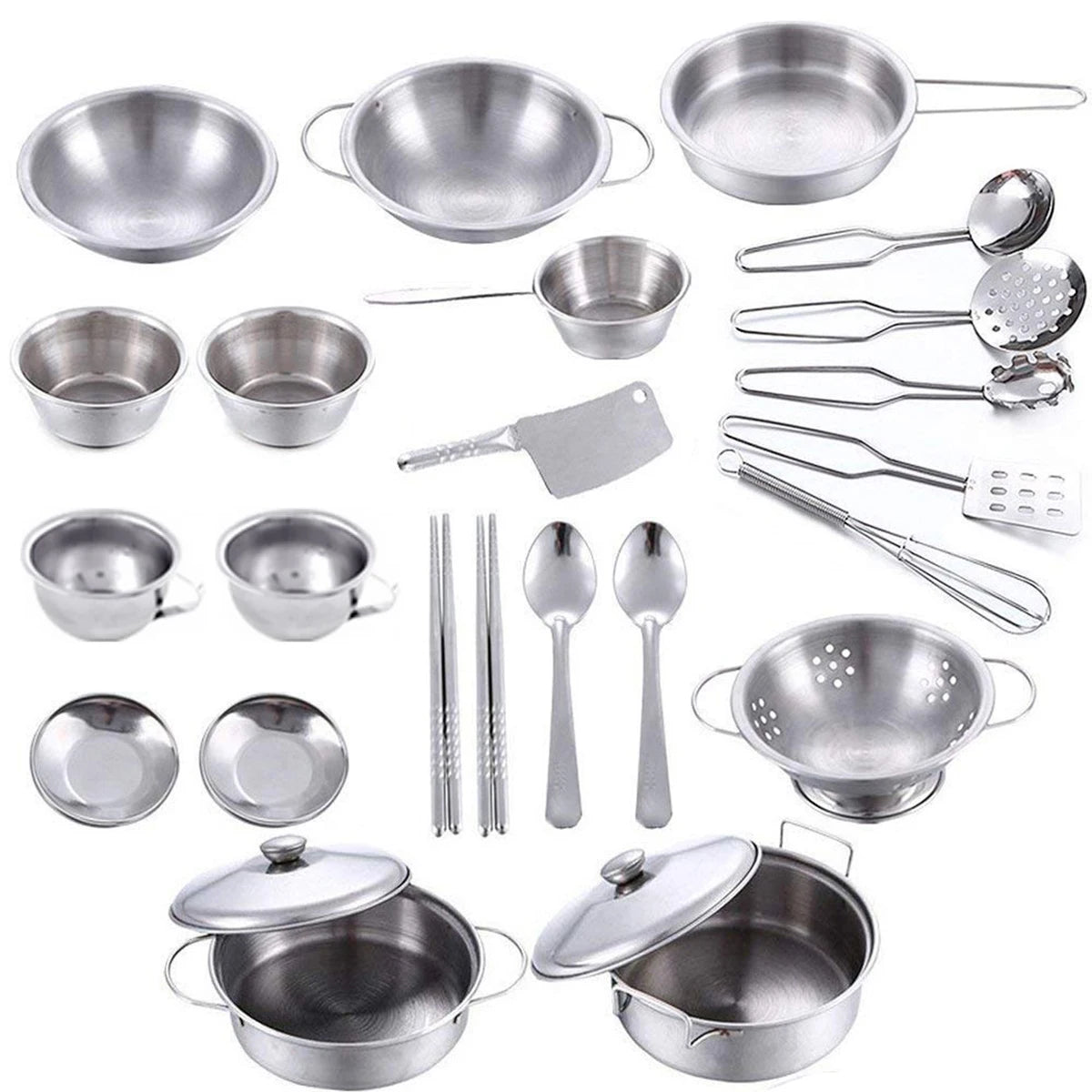 A collection of 25 stainless steel cookware items including pots, pans, spoons, and ladles for a play kitchen set.