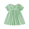 A green and white plaid A-line dress for a toddler girl featuring a Peter Pan collar.