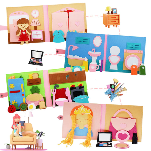A collection of felt quiet books and toys for toddlers, including a pink book with a girl, a blue book, and various wooden an
