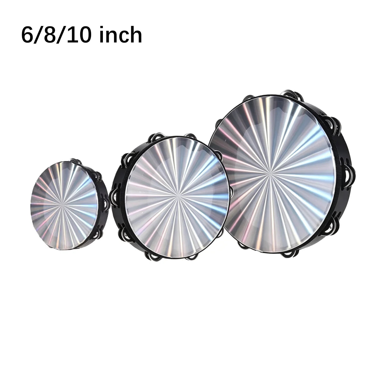 A pair of silver and black radiant tambourines, measuring 6/8/10 inches.