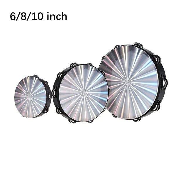 A pair of silver and black radiant tambourines, measuring 6/8/10 inches.