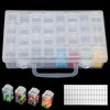 A clear multi-compartment storage box for crafts, beads, and jewelry with various colored components.